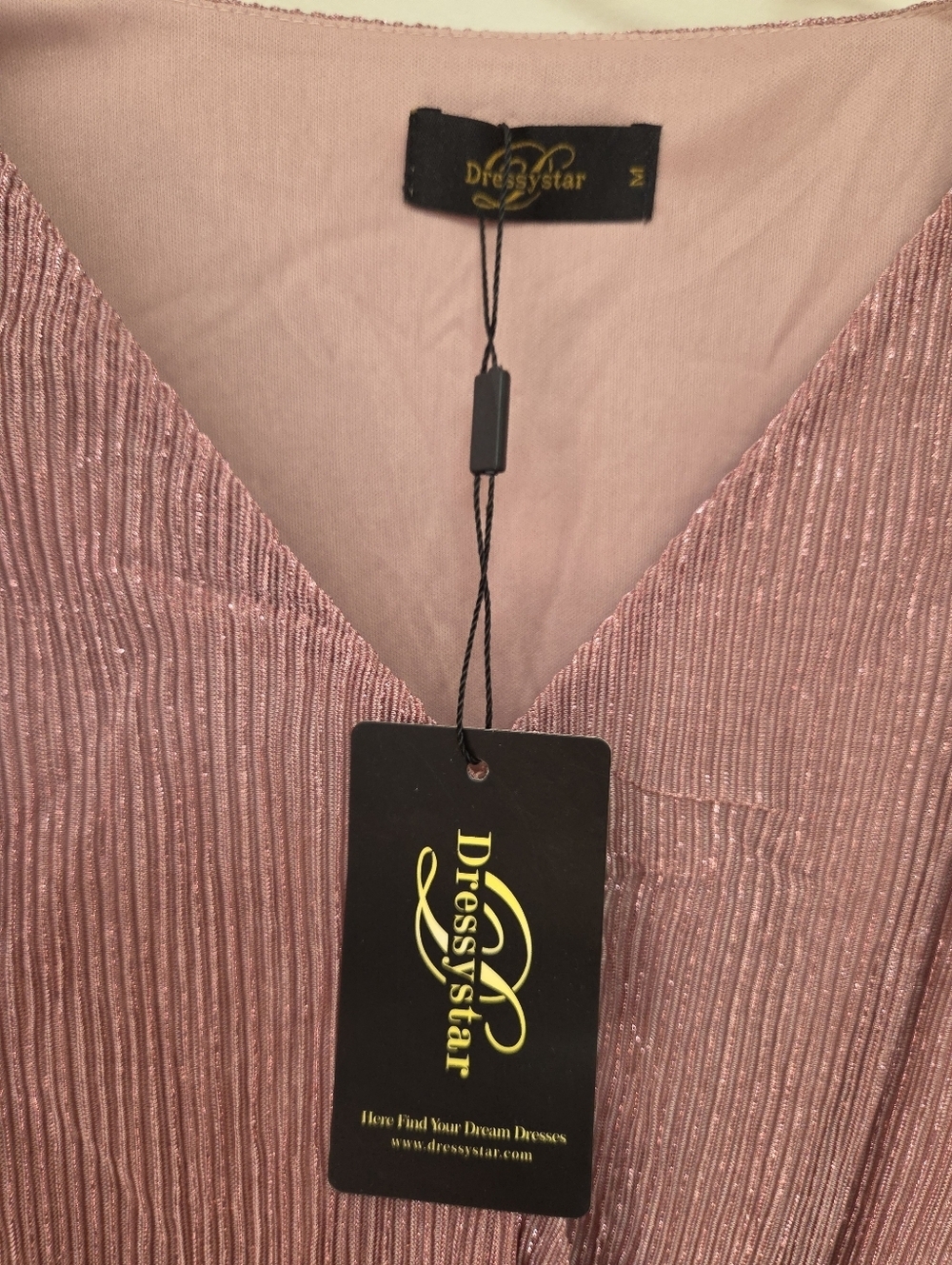 Dressy Star Lush Rose Pink Long Sleeve Shimmer Wrap Dress Sheer Sleeve Medium - Picture 3 of 5